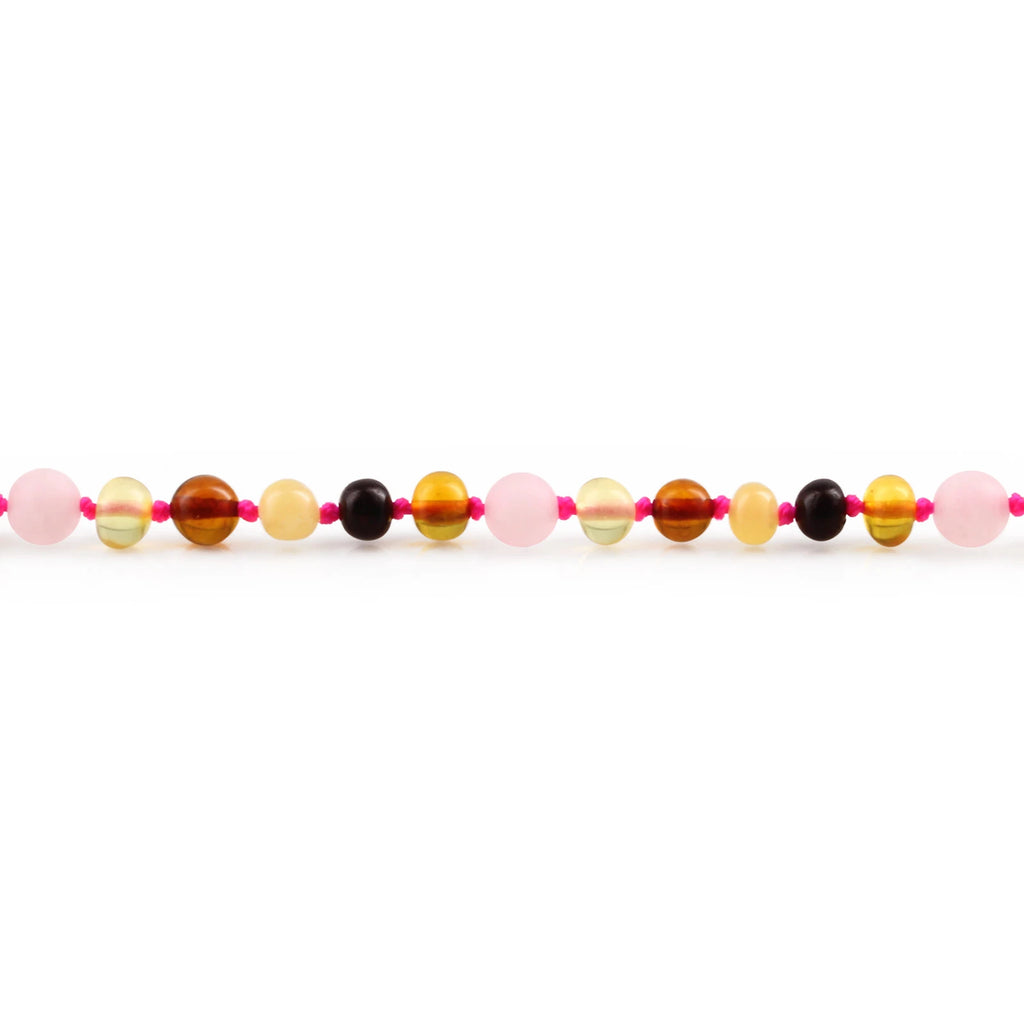 Natural Baltic Amber Junior Necklace with Rose Quartz. Baroque 5mm - JN99