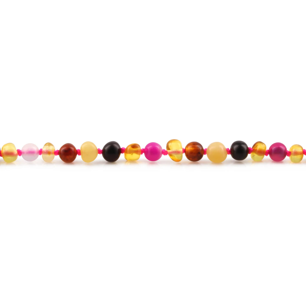 Baltic Amber Teething Necklace with Pink Lace Agate. Baroque 4mm - LE559