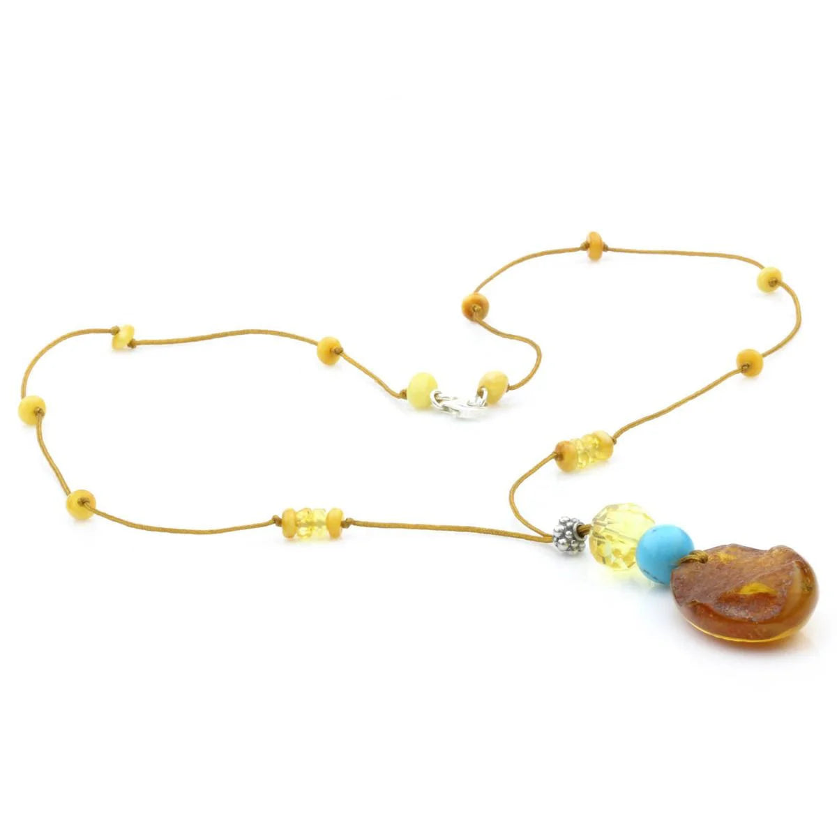 Genuine Baltic Amber Turquoise & 925 Sterling Silver Necklace With Pendant NWP21
