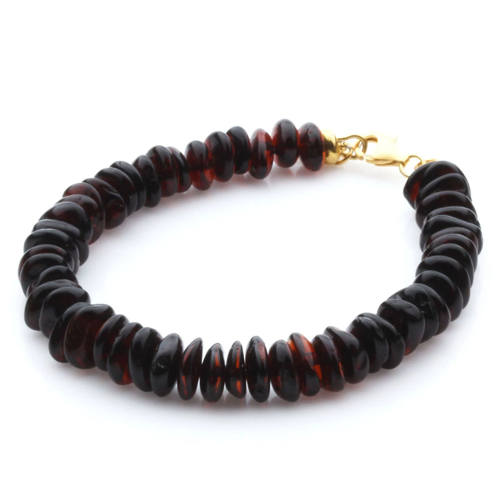 Adult Baltic Amber Bracelet & Gold Plated 925 Sterling Silver 18cm. Round Flat 7x3mm. GC05