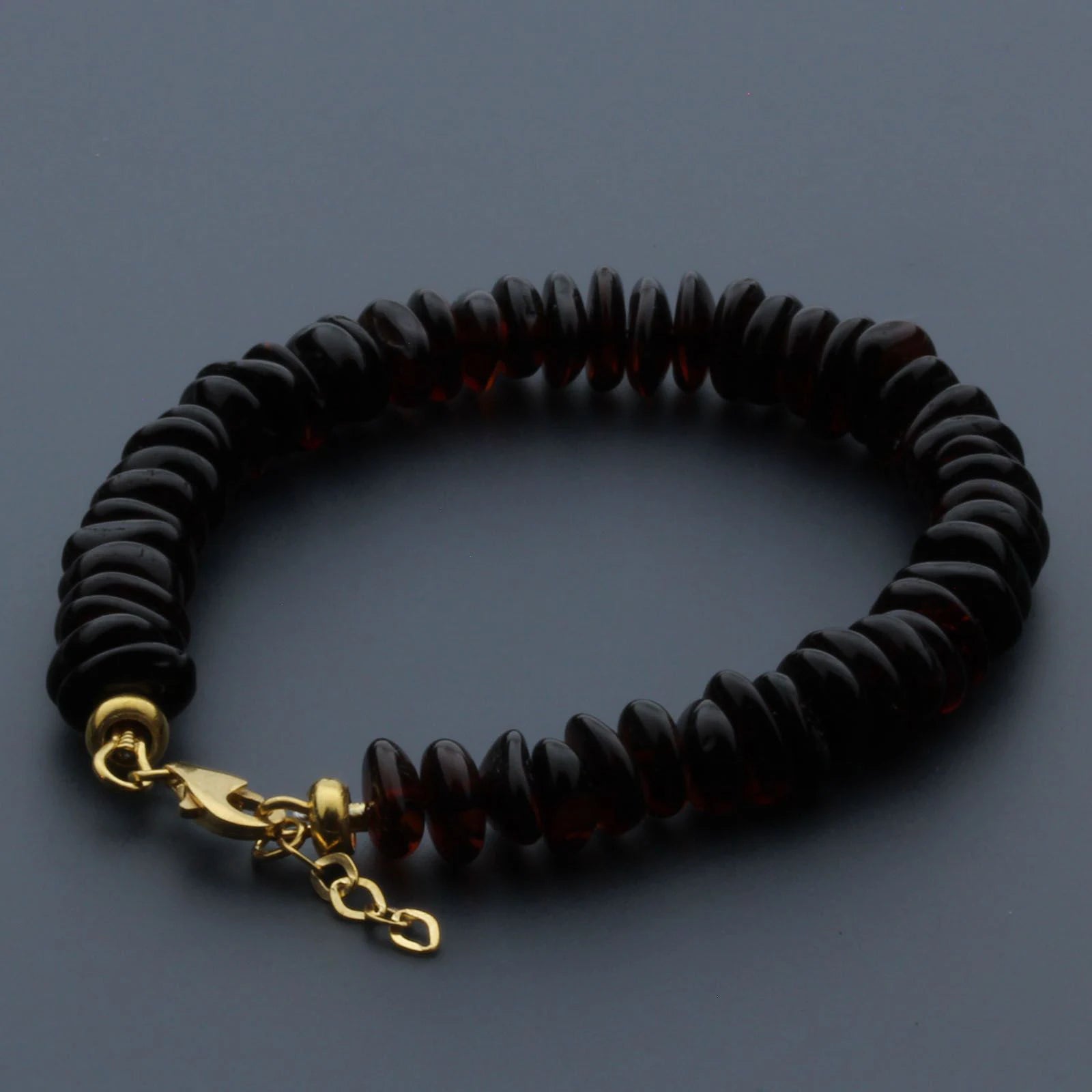 Adult Baltic Amber Bracelet & Gold Plated 925 Sterling Silver 18cm. Round Flat 7x3mm. GC05