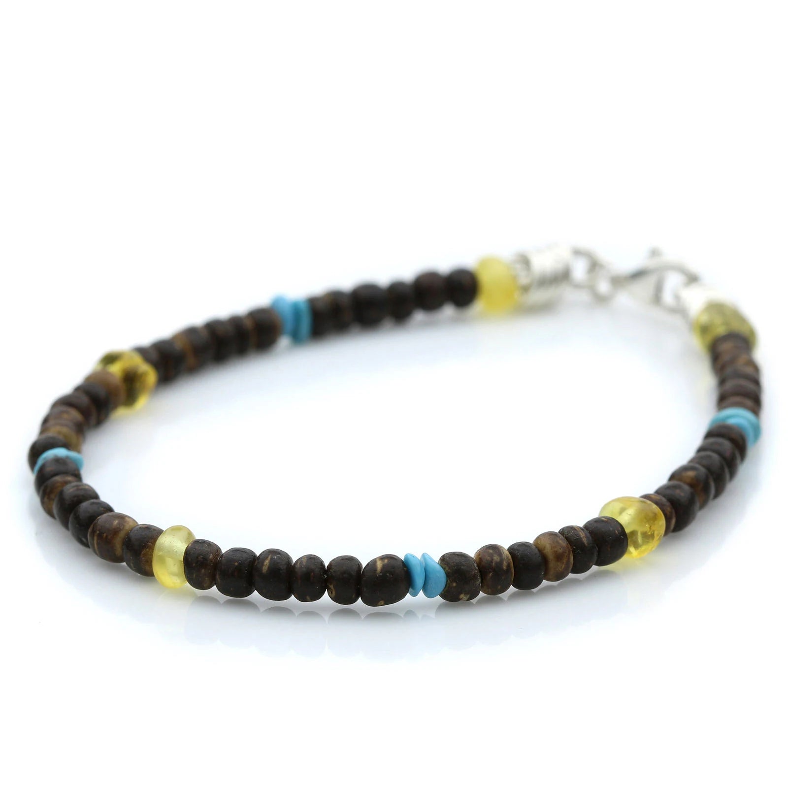 NATURAL BALTIC AMBER WOOD TURQUOISE 925 STERLING SILVER BRACELET. SPT04
