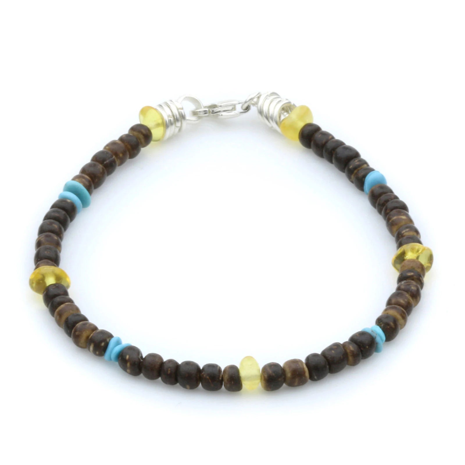 NATURAL BALTIC AMBER WOOD TURQUOISE 925 STERLING SILVER BRACELET. SPT04