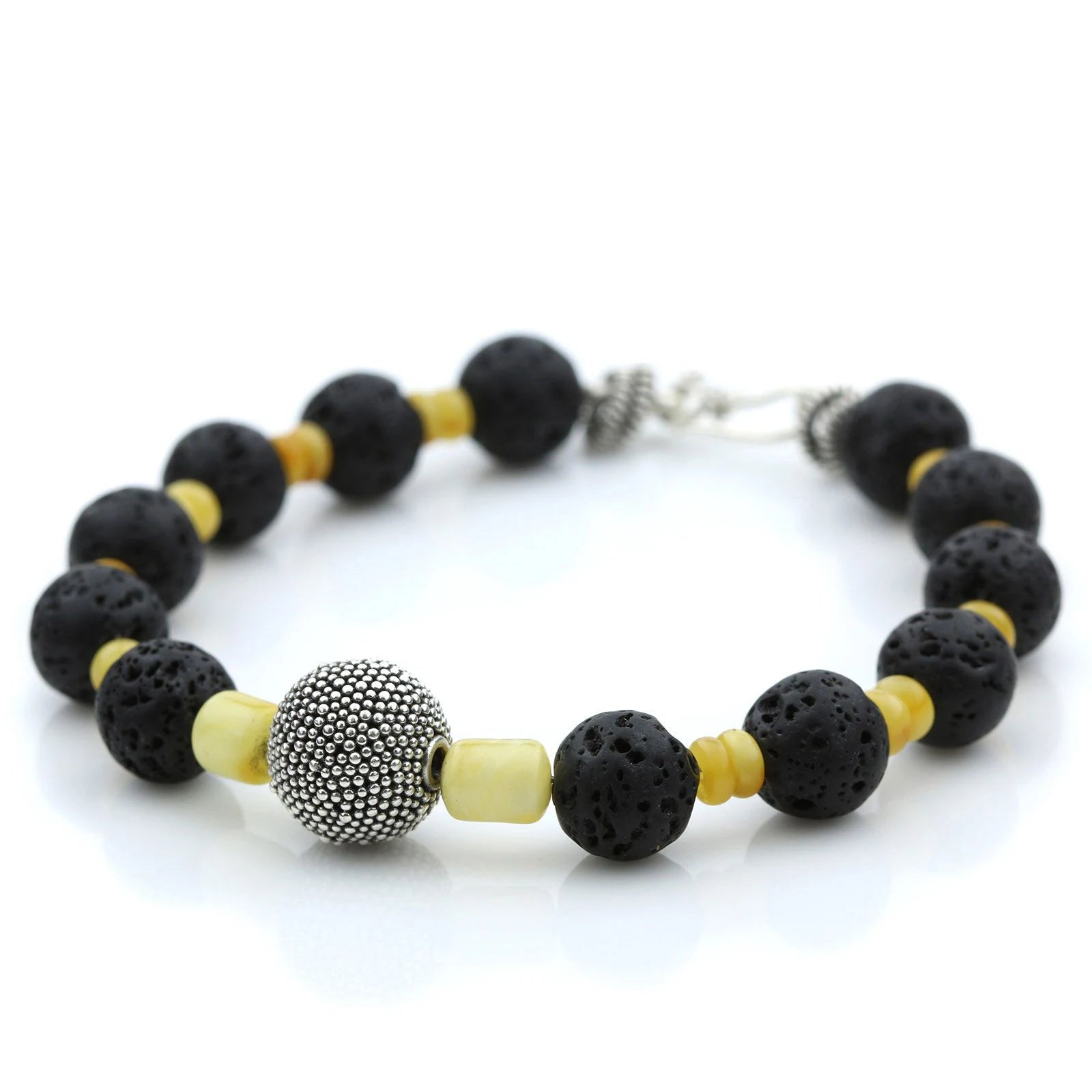 NATURAL BALTIC AMBER LAVA STONE 925 STERLING SILVER BRACELET. SPT14