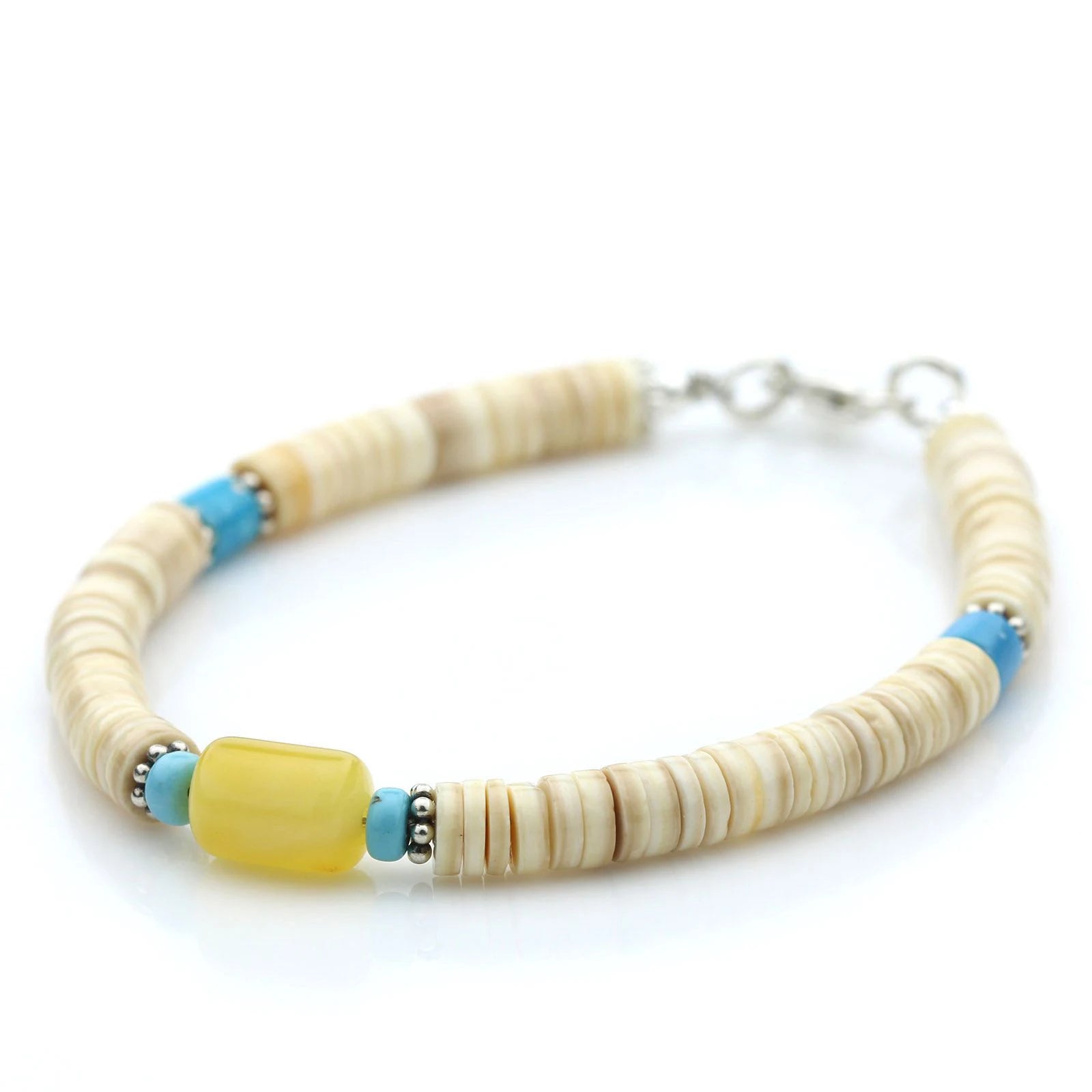 NATURAL BALTIC AMBER SHELL TURQUOISE 925 STERLING SILVER BRACELET. SPT16
