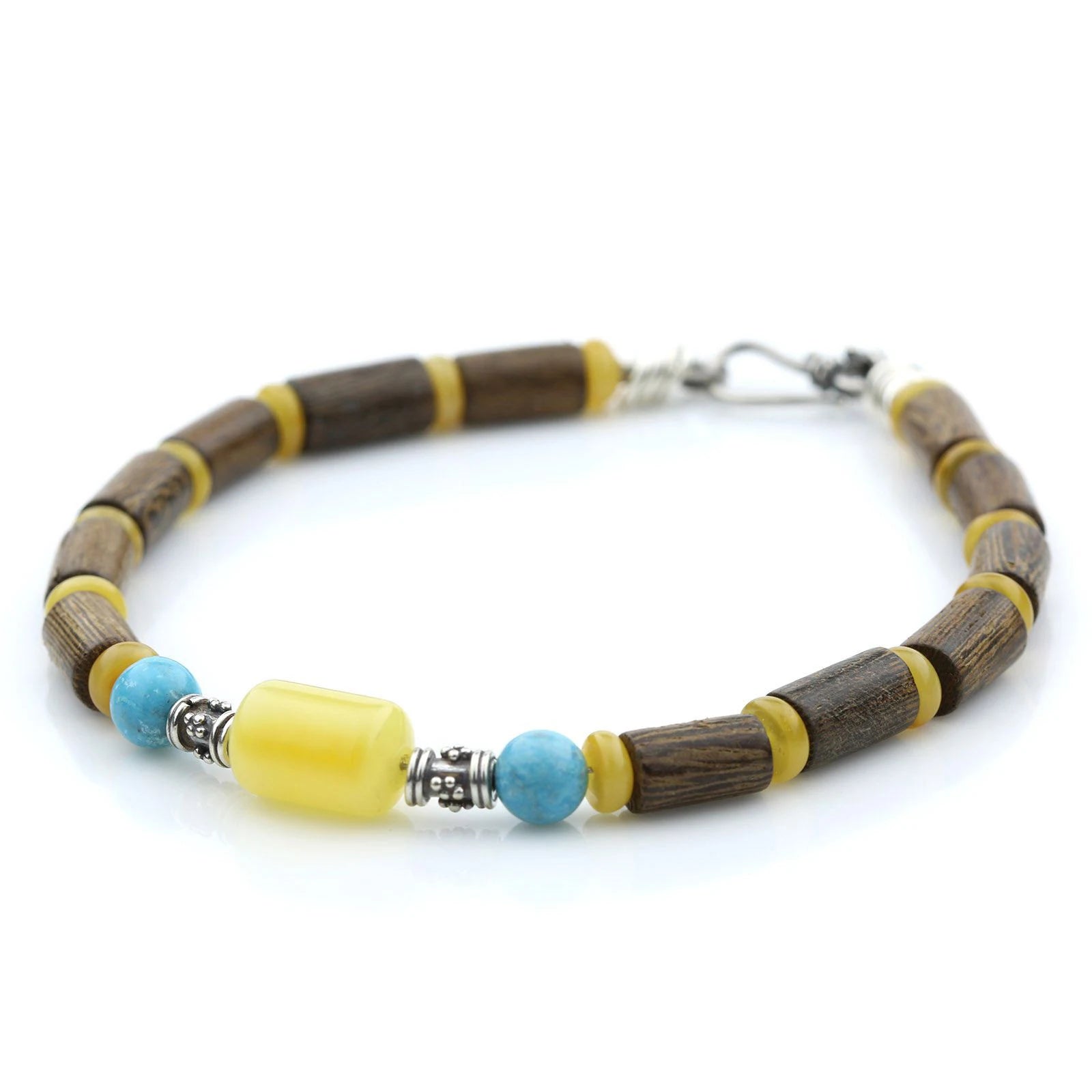 NATURAL BALTIC AMBER WOOD TURQUOISE 925 STERLING SILVER BRACELET. SPT17