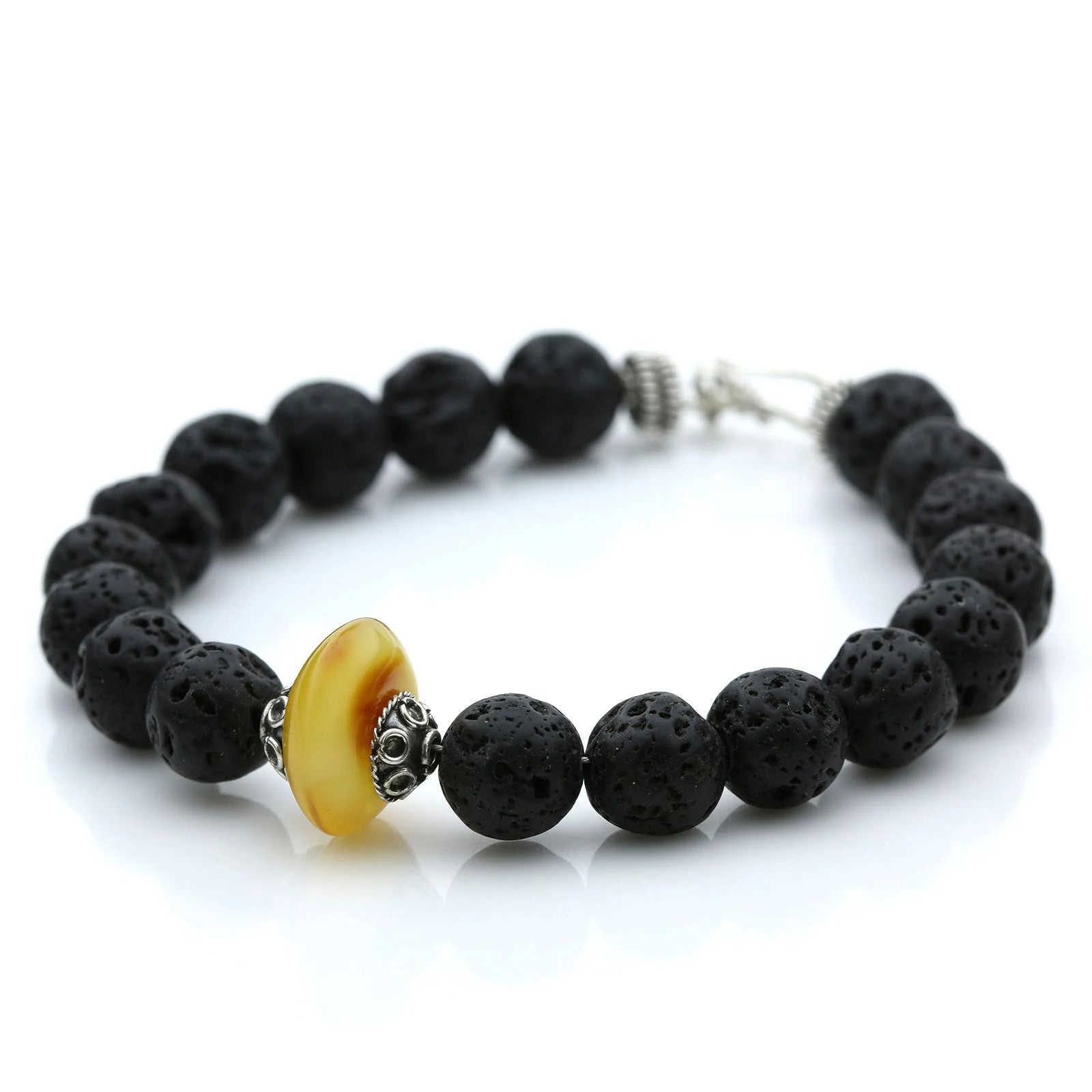 NATURAL BALTIC AMBER LAVA STONE 925 STERLING SILVER BRACELET. SPT18