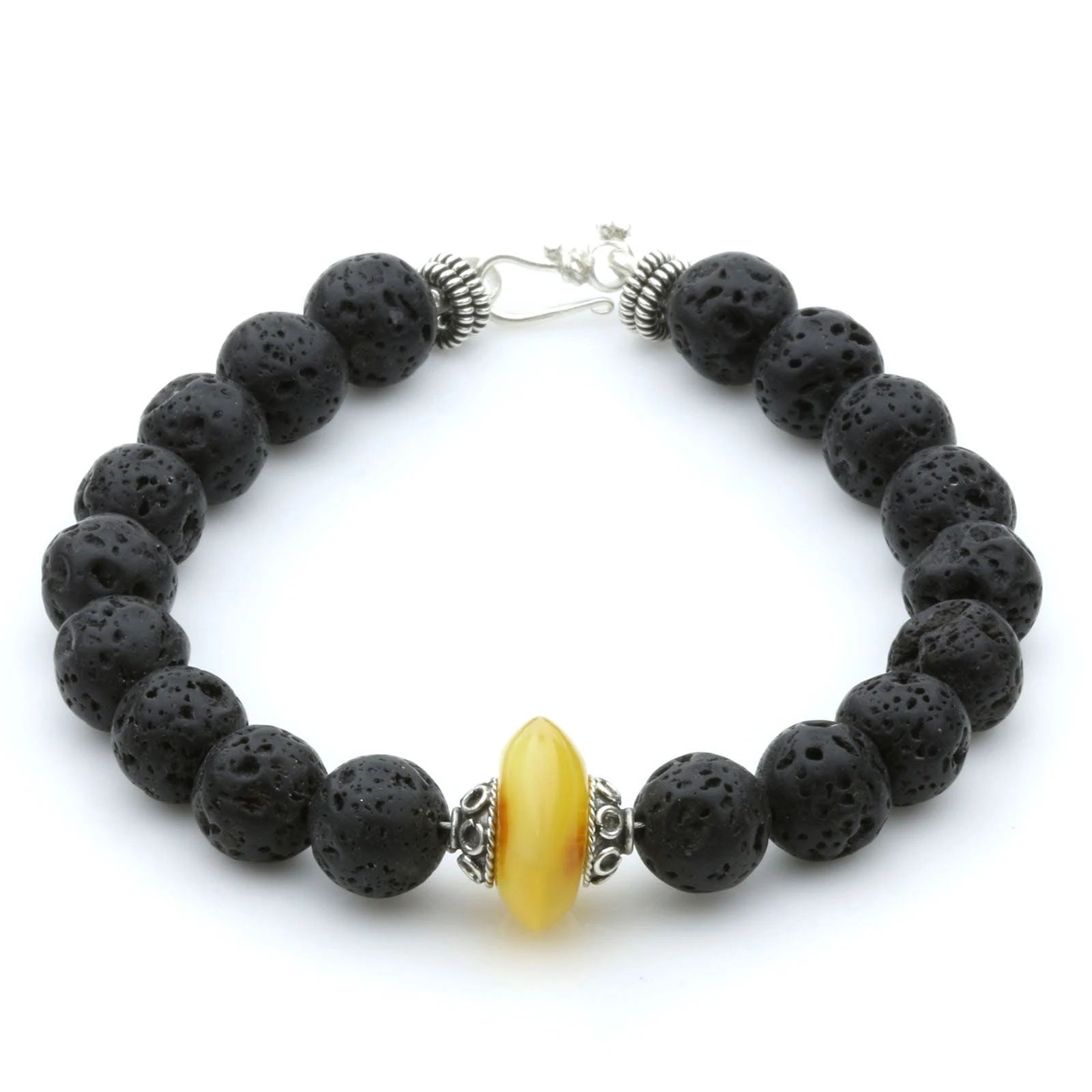 NATURAL BALTIC AMBER LAVA STONE 925 STERLING SILVER BRACELET. SPT18