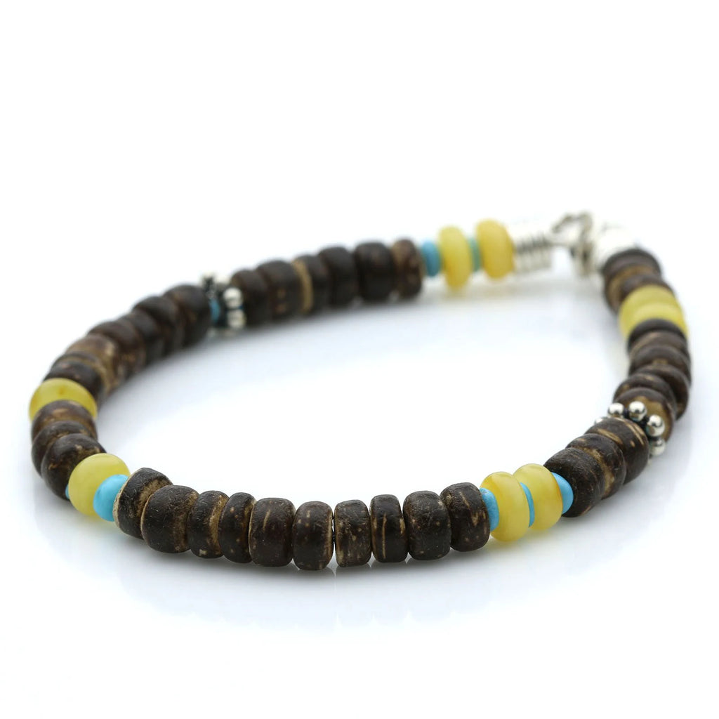 NATURAL BALTIC AMBER WOOD TURQUOISE 925 STERLING SILVER BRACELET. SPT20