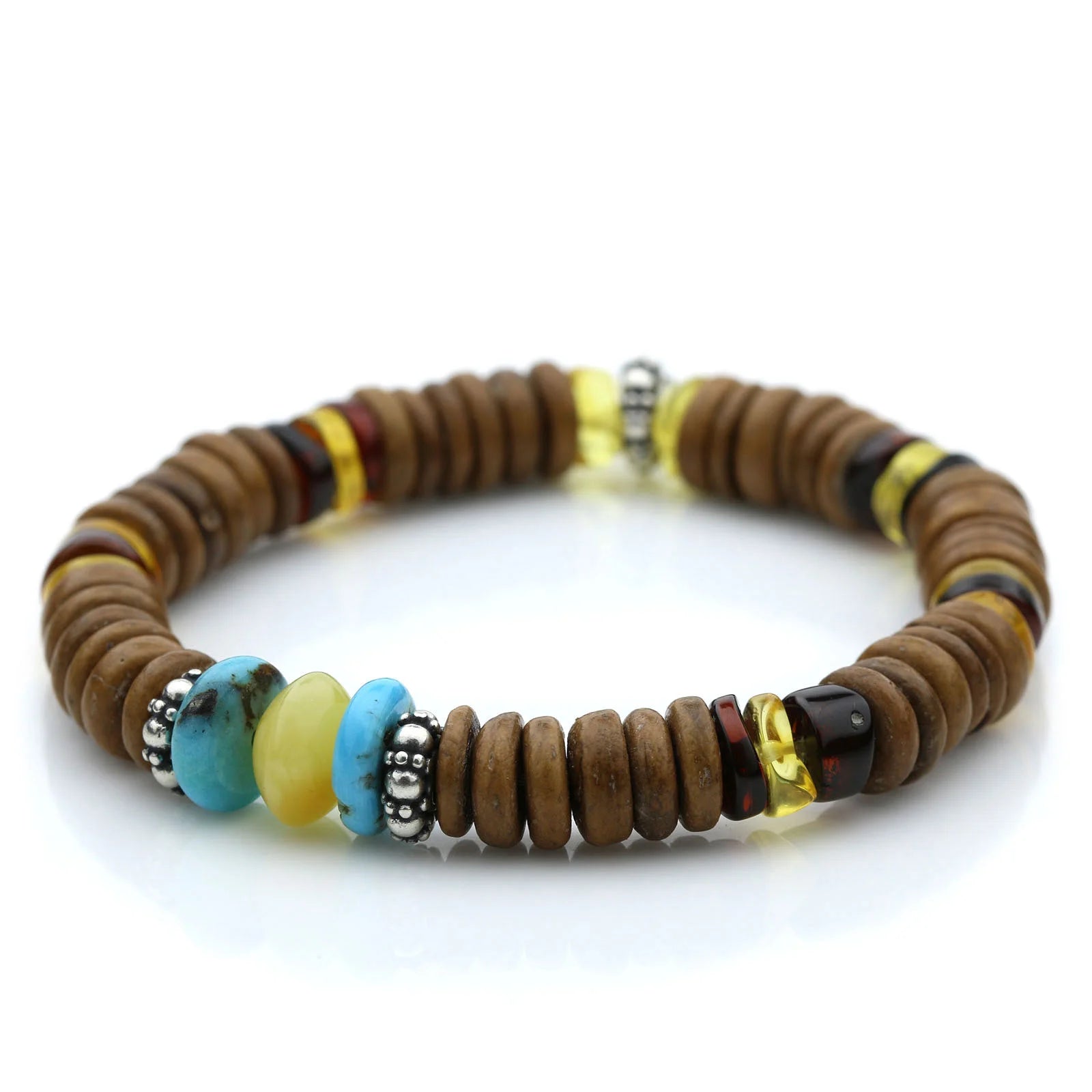 COCONUT WOOD BALTIC AMBER 925 STERLING SILVER BRACELET. SPT28