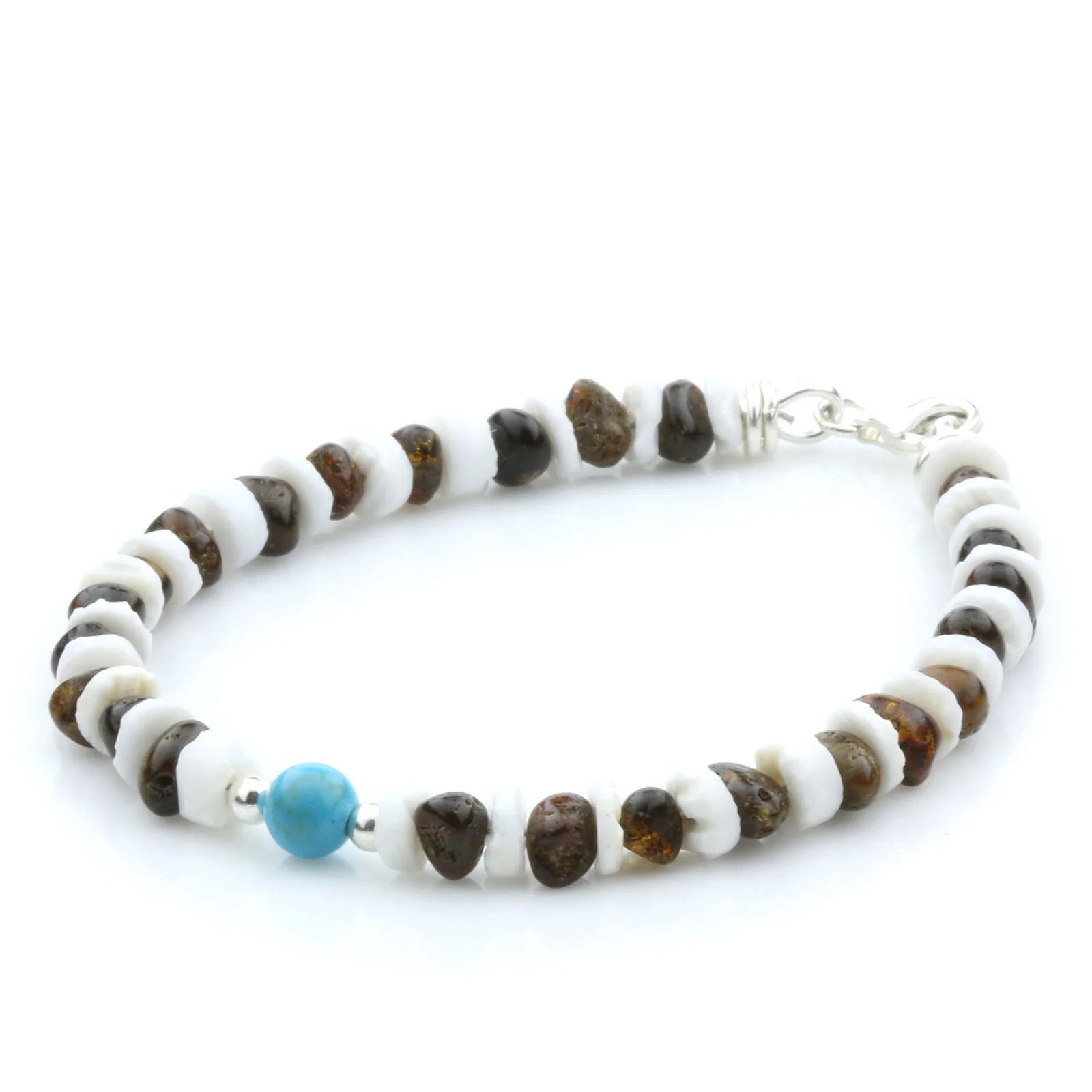 BALTIC AMBER, LITOB SHELL & TURQUOISE 925 STERLING SILVER BRACELET. SPT45