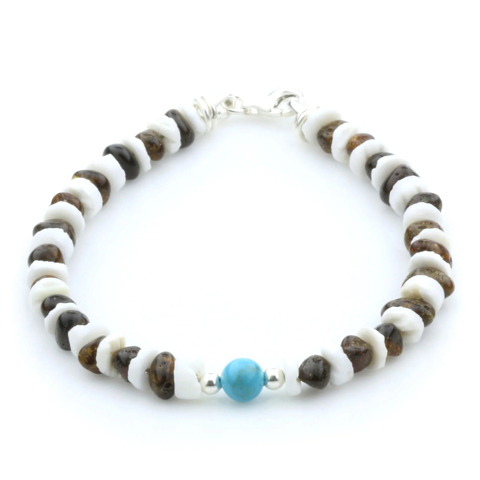 BALTIC AMBER, LITOB SHELL & TURQUOISE 925 STERLING SILVER BRACELET. SPT45
