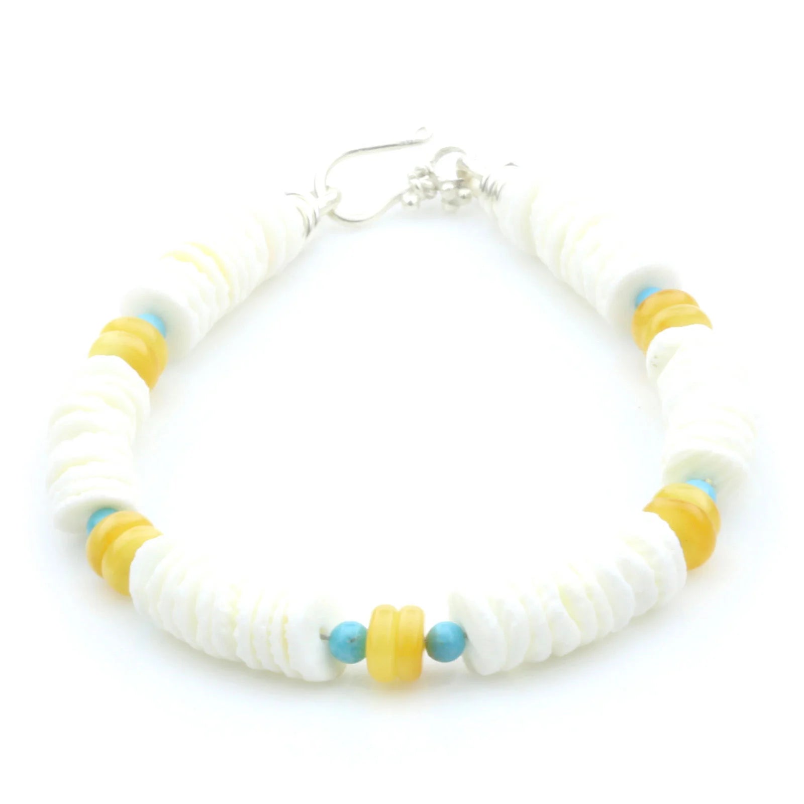 LITOB SHELL, BALTIC AMBER & TURQUOISE 925 STERLING SILVER BRACELET. SPT46