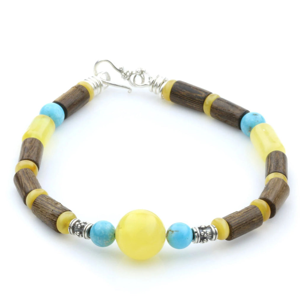 NATURAL BALTIC AMBER WOOD TURQUOISE 925 STERLING SILVER BRACELET. SPT62