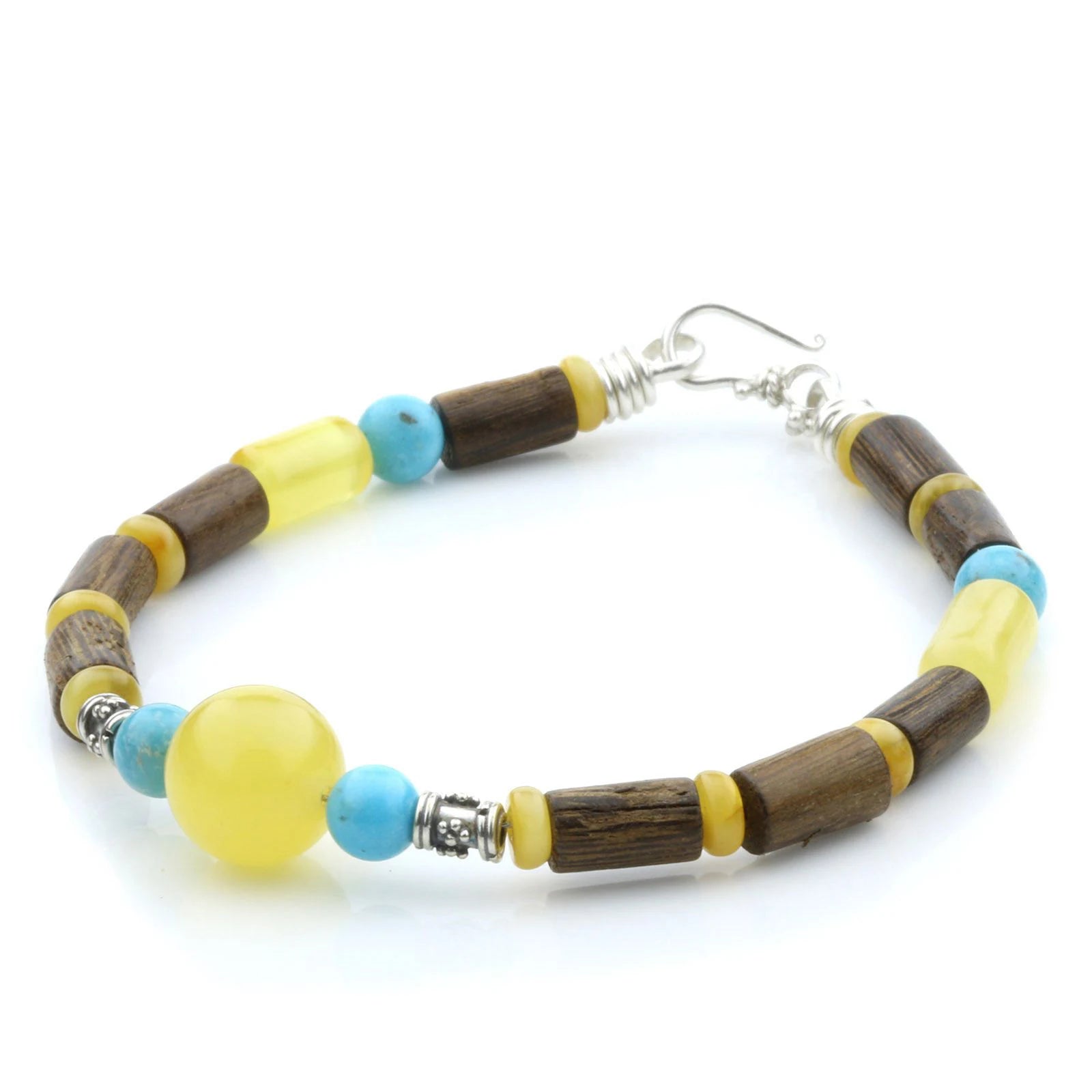 NATURAL BALTIC AMBER WOOD TURQUOISE 925 STERLING SILVER BRACELET. SPT62