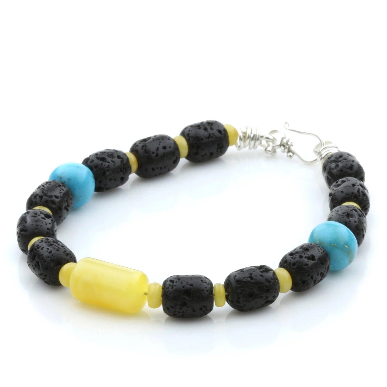 LAVA STONE, BALTIC AMBER & TURQUOISE 925 STERLING SILVER BRACELET. SPT63