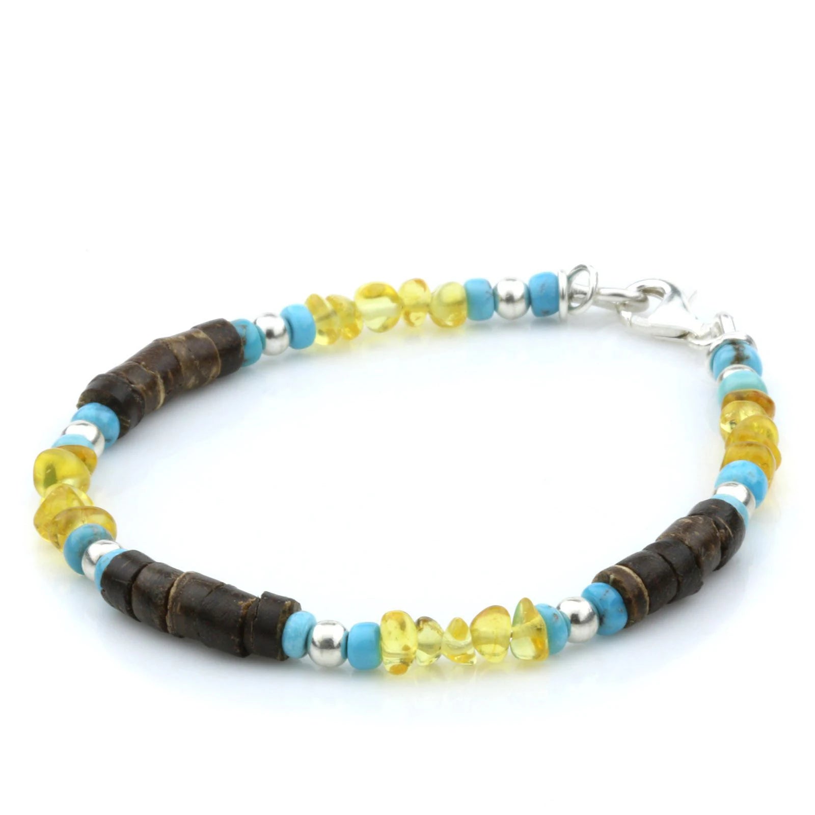 NATURAL BALTIC AMBER WOOD TURQUOISE 925 STERLING SILVER BRACELET. SPT79