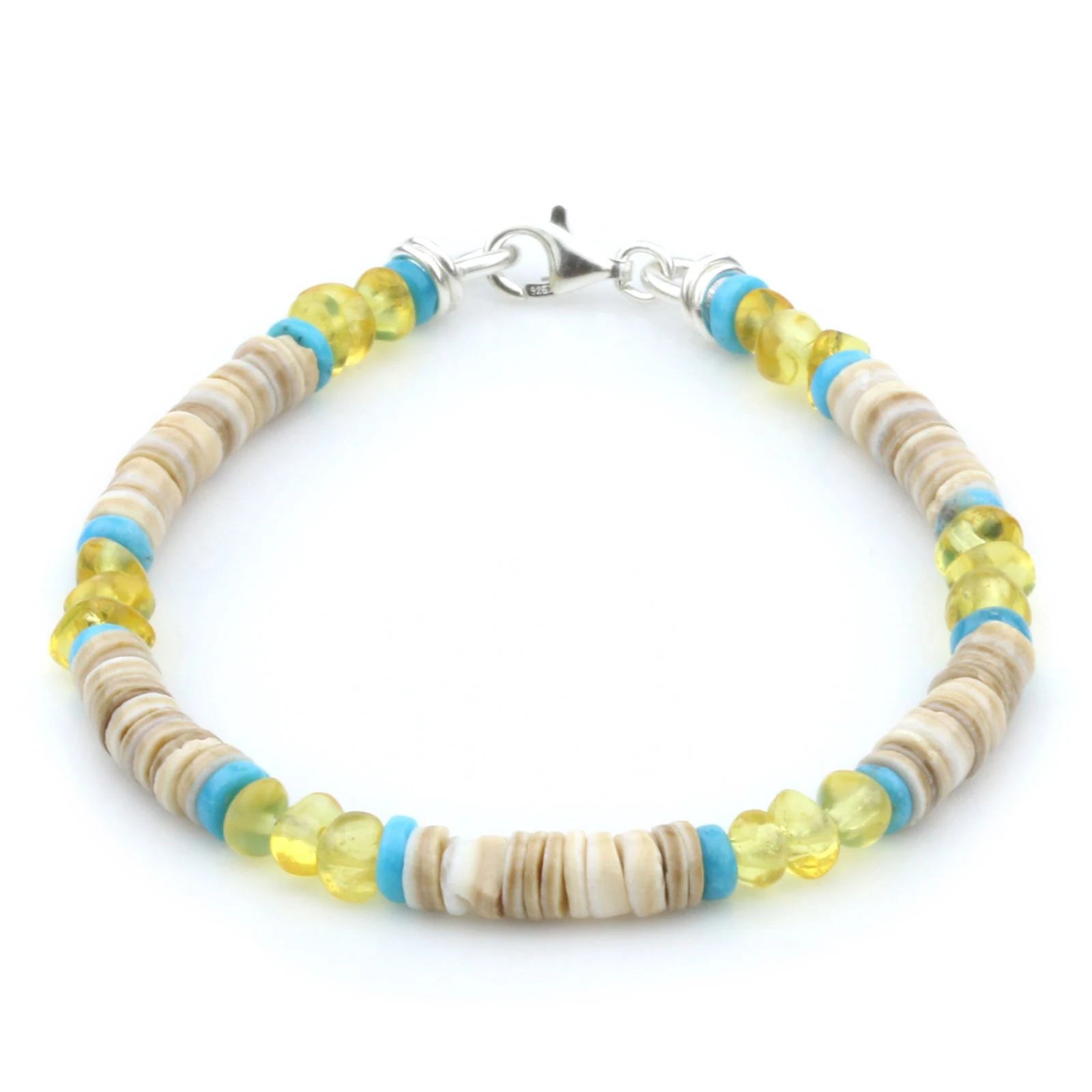 NATURAL BALTIC AMBER SHELL TURQUOISE 925 STERLING SILVER BRACELET. SPT80