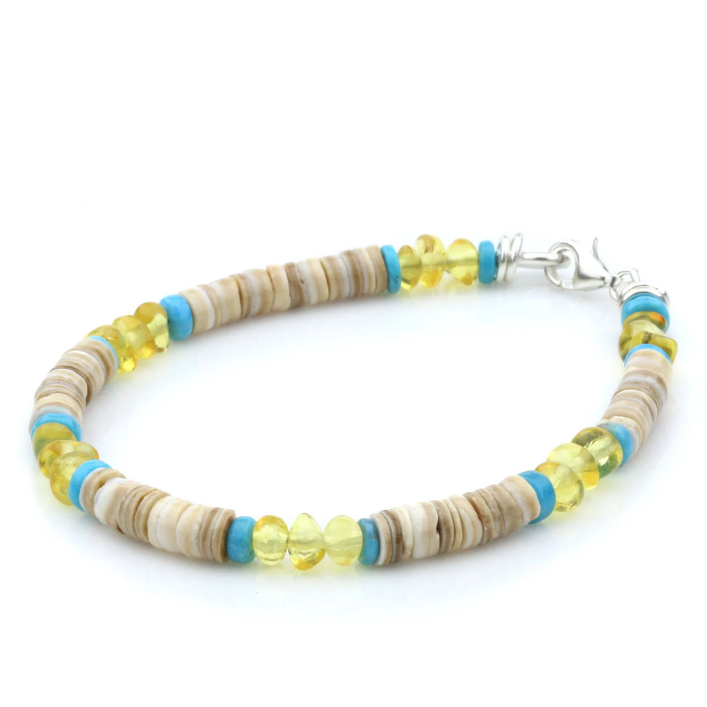 NATURAL BALTIC AMBER SHELL TURQUOISE 925 STERLING SILVER BRACELET. SPT80