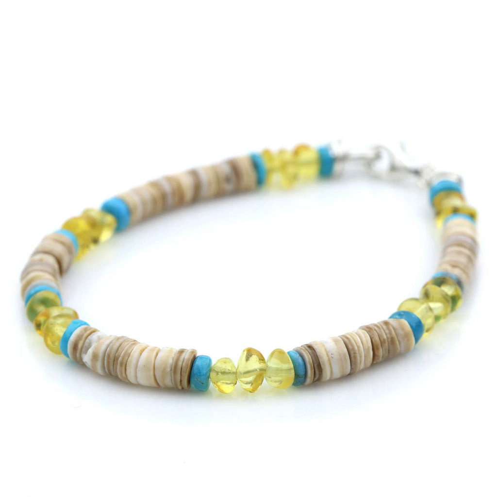 NATURAL BALTIC AMBER SHELL TURQUOISE 925 STERLING SILVER BRACELET. SPT80
