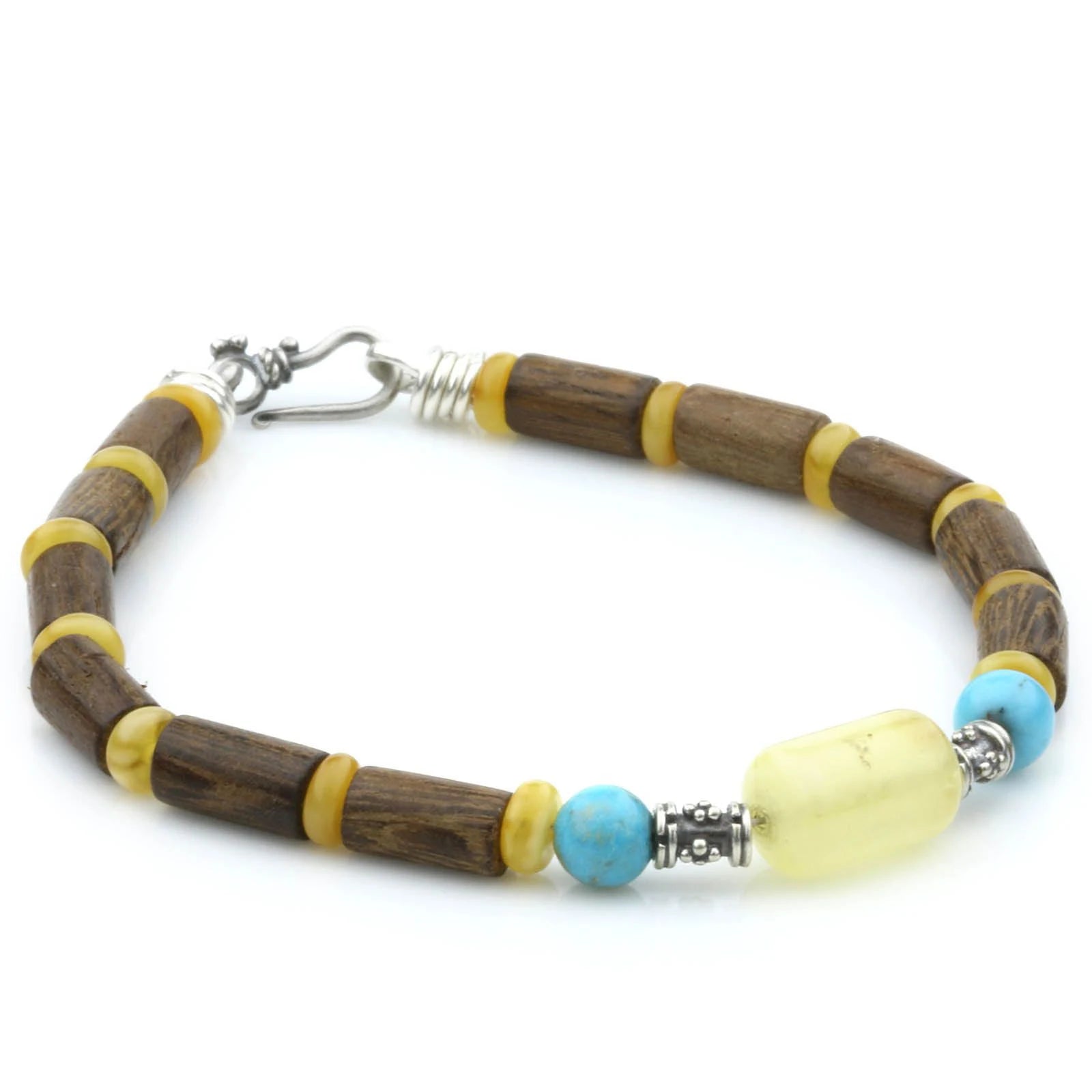 NATURAL BALTIC AMBER WOOD TURQUOISE 925 STERLING SILVER BRACELET. SPT92