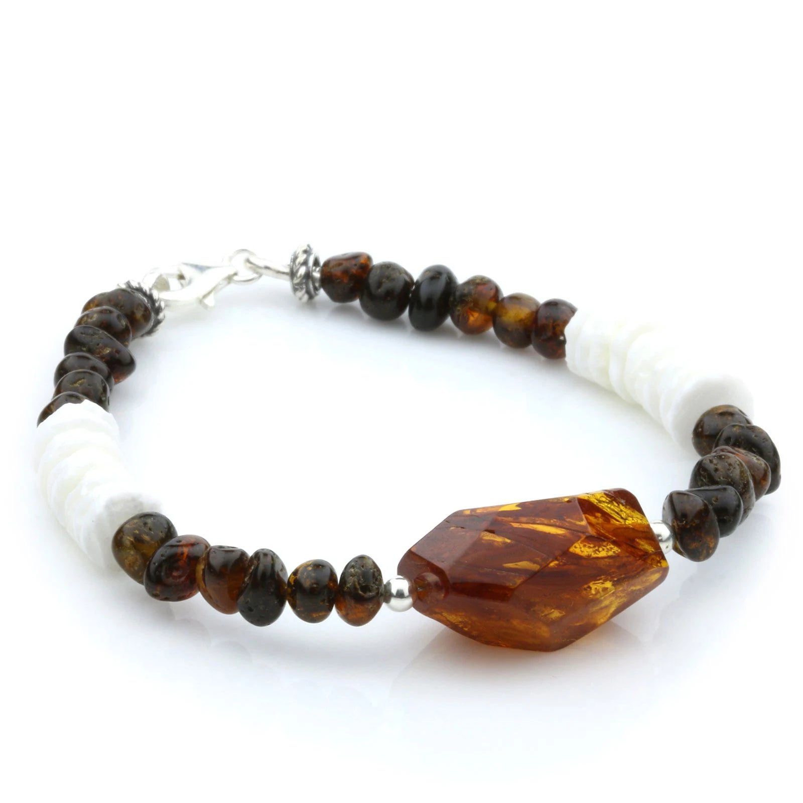 Adult Baltic Amber Shell Turquoise 925 Sterling Silver Bracelet. OCT02A