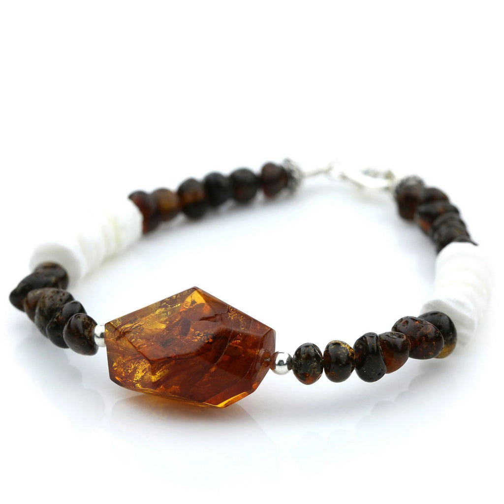 Adult Baltic Amber Shell Turquoise 925 Sterling Silver Bracelet. OCT02A