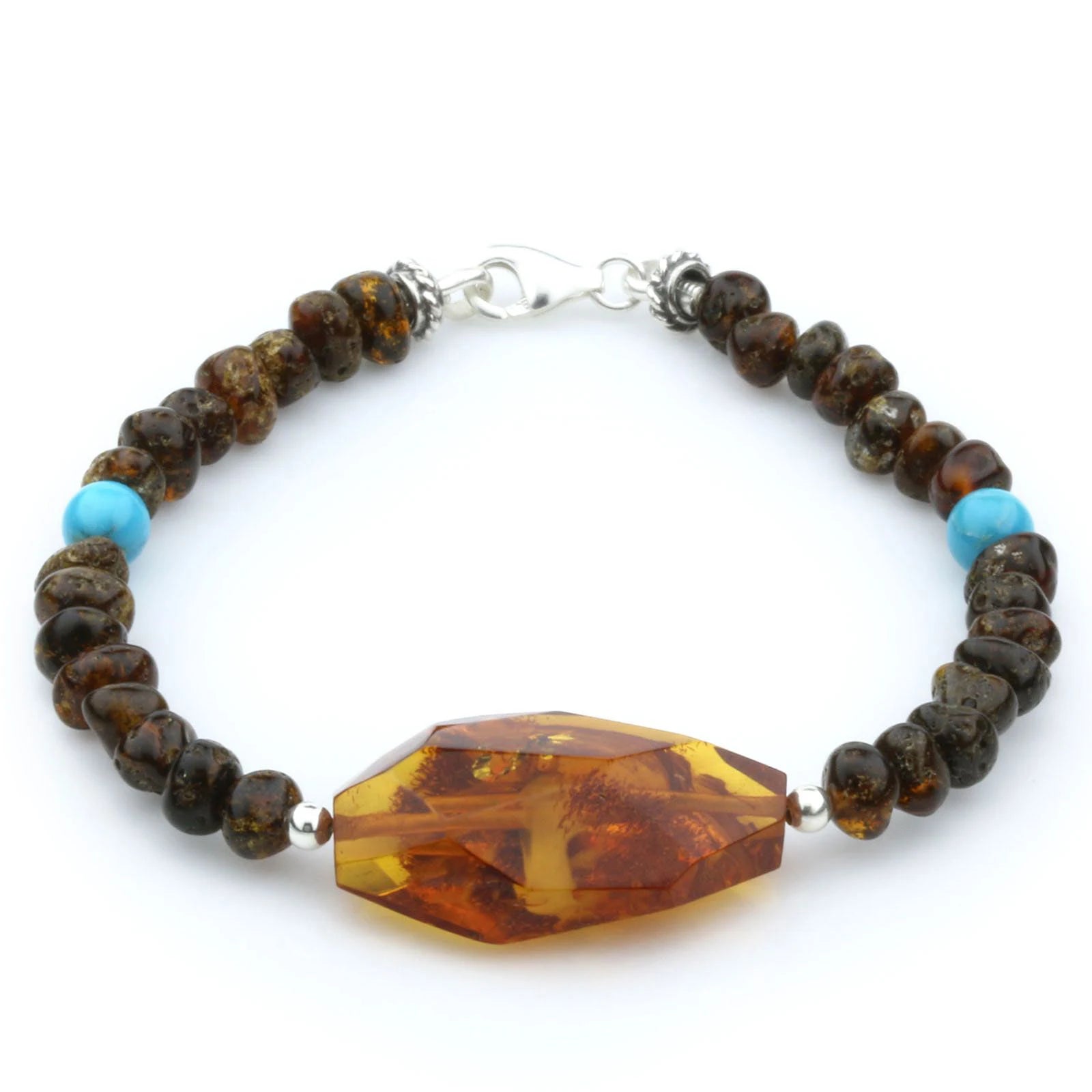 Adult Baltic Amber Shell Turquoise 925 Sterling Silver Bracelet. OCT06