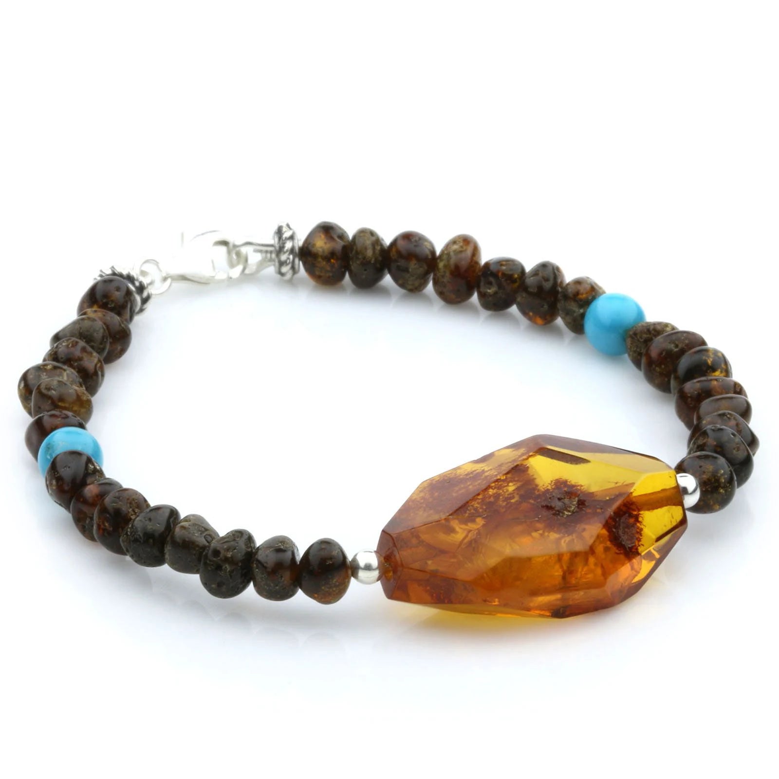 Adult Baltic Amber Shell Turquoise 925 Sterling Silver Bracelet. OCT06
