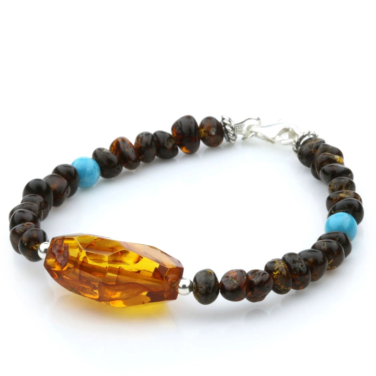 Adult Baltic Amber Shell Turquoise 925 Sterling Silver Bracelet. OCT06B