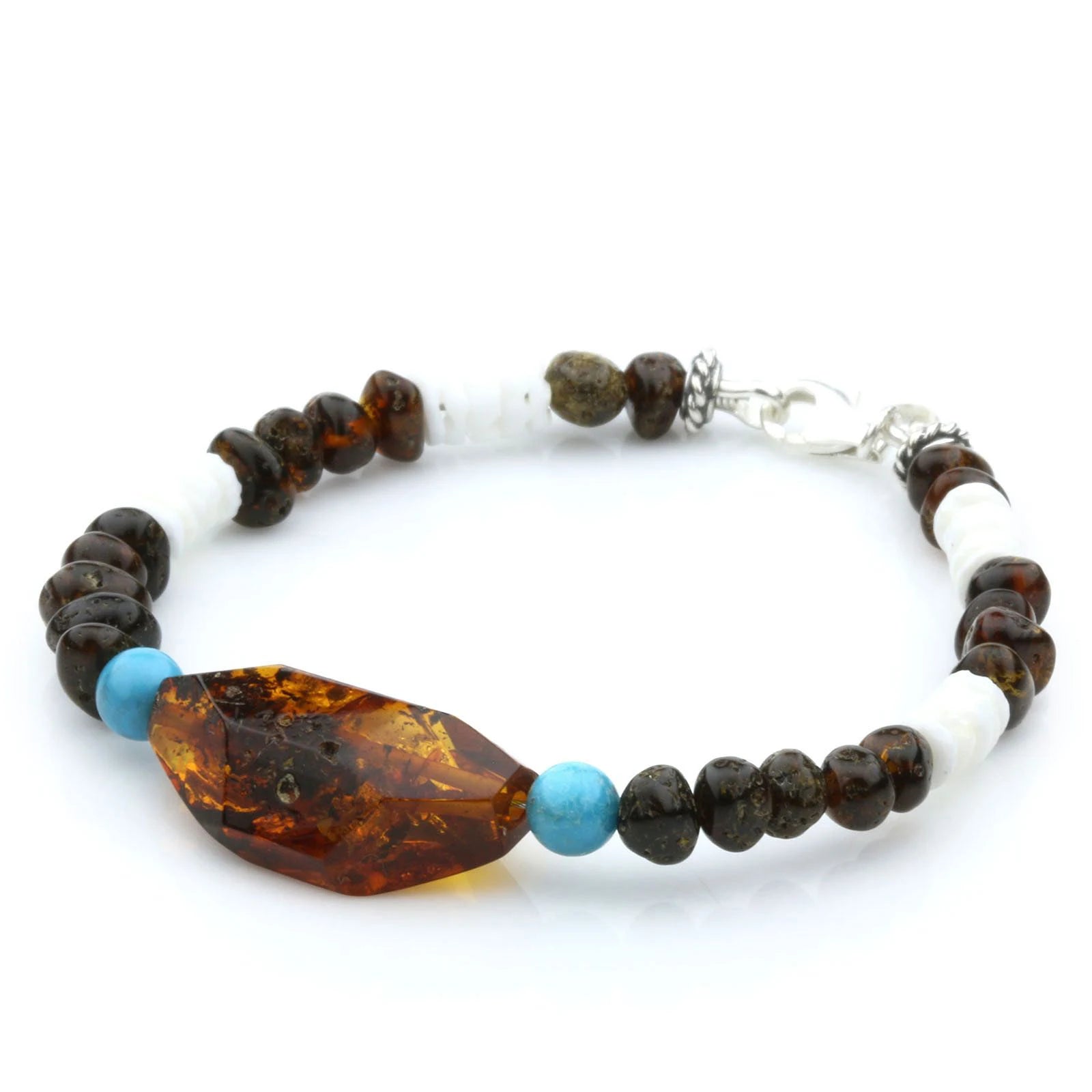 Adult Baltic Amber Shell Turquoise 925 Sterling Silver Bracelet. OCT10