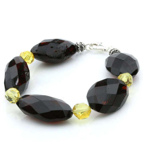 Yellow and black Baltic amber round adult bracelet with sterling silver, 20cm