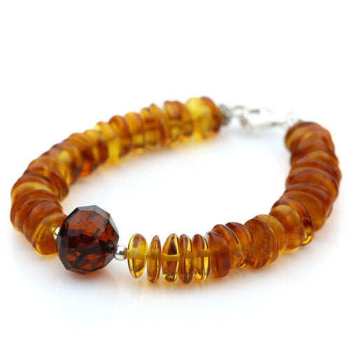 Honey Baltic amber round flat adult bracelet with sterling silver, 19cm