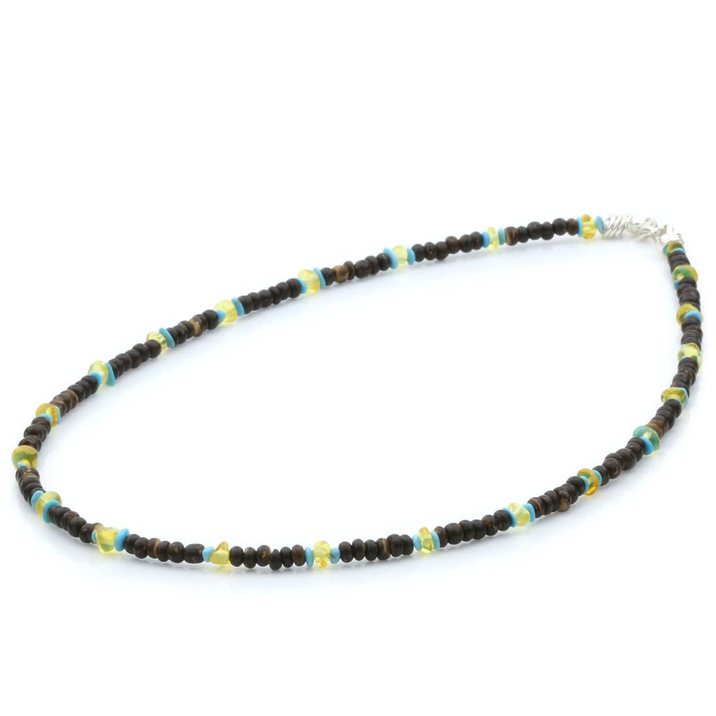 ADULT BALTIC AMBER WOOD TURQUOISE 925 STERLING SILVER NECKLACE. SPT07