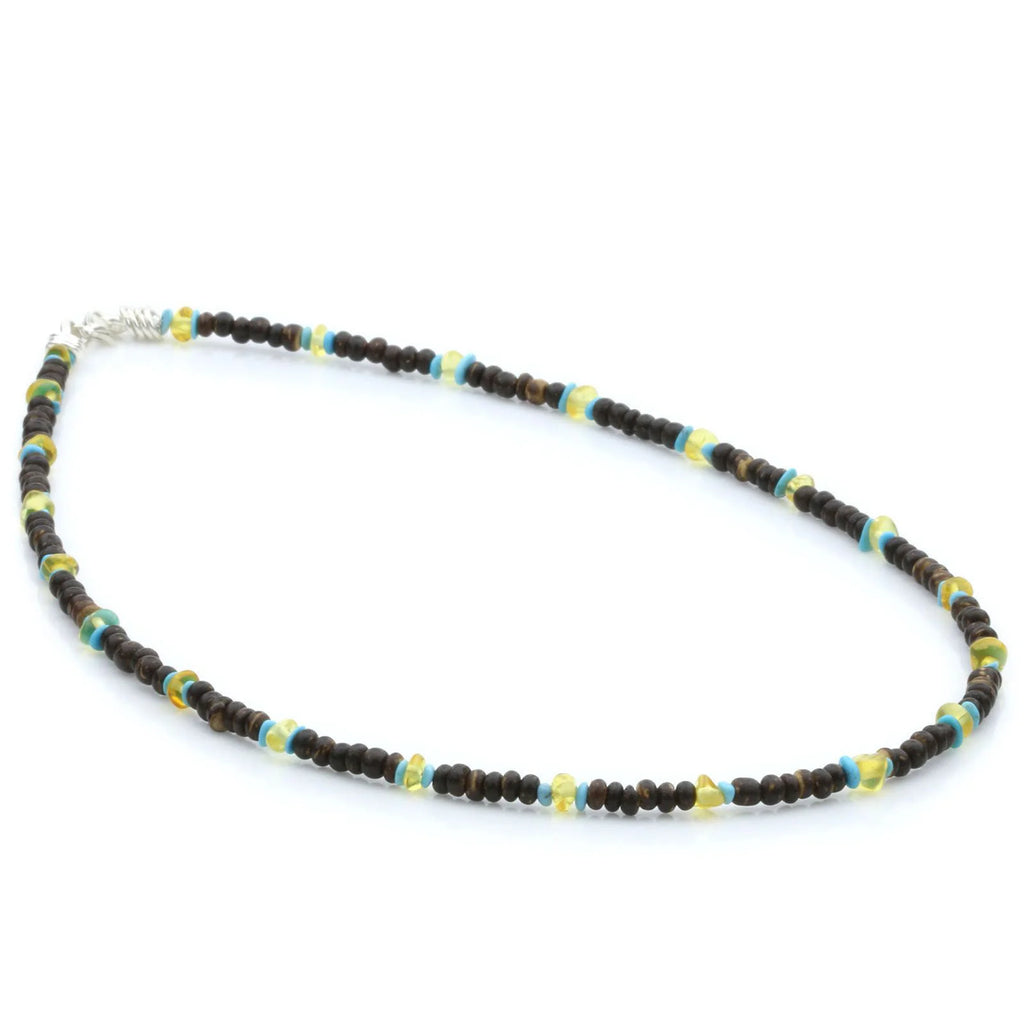 ADULT BALTIC AMBER WOOD TURQUOISE 925 STERLING SILVER NECKLACE. SPT07