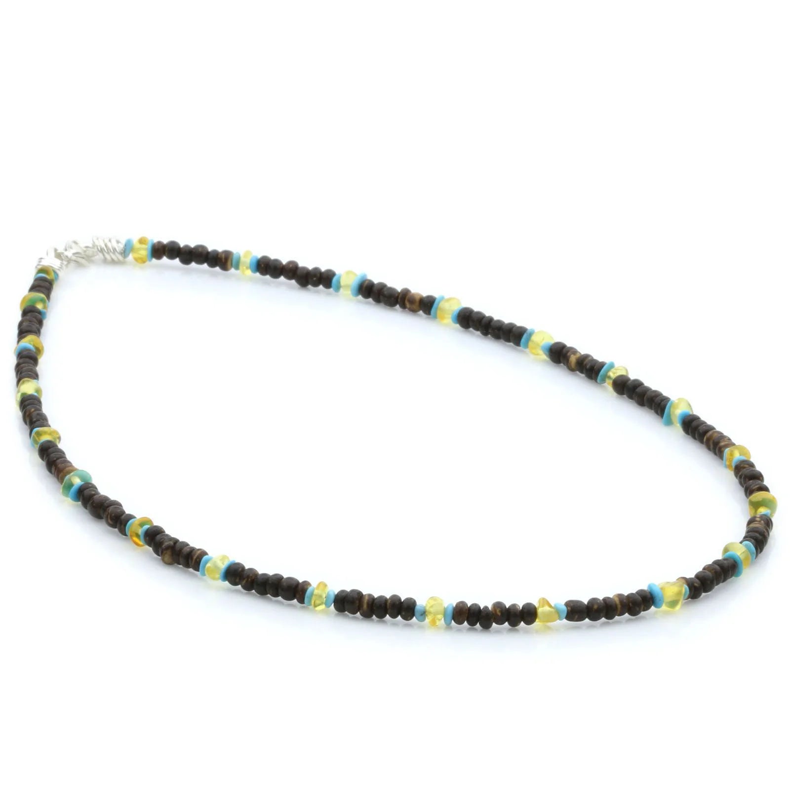 ADULT BALTIC AMBER WOOD TURQUOISE 925 STERLING SILVER NECKLACE. SPT07