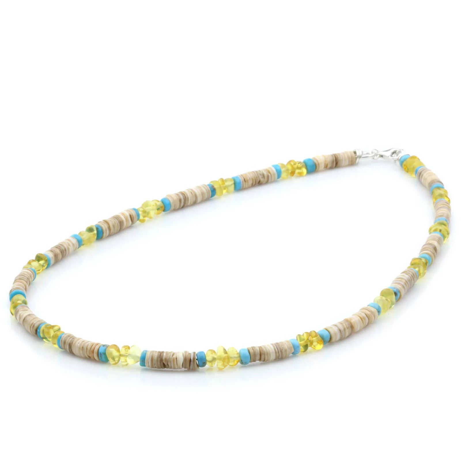 ADULT BALTIC AMBER SHELL TURQUOISE 925 STERLING SILVER NECKLACE. SPT80