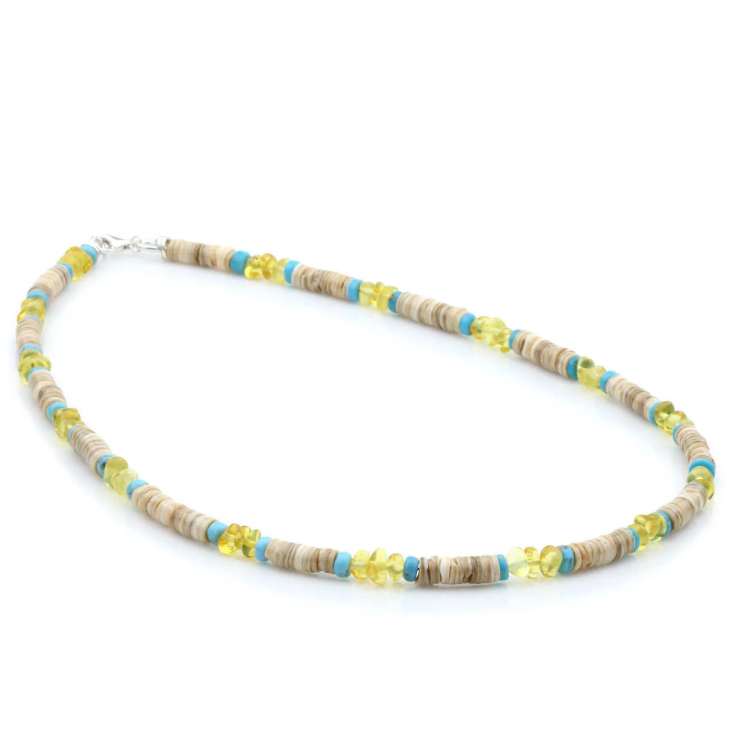 ADULT BALTIC AMBER SHELL TURQUOISE 925 STERLING SILVER NECKLACE. SPT80
