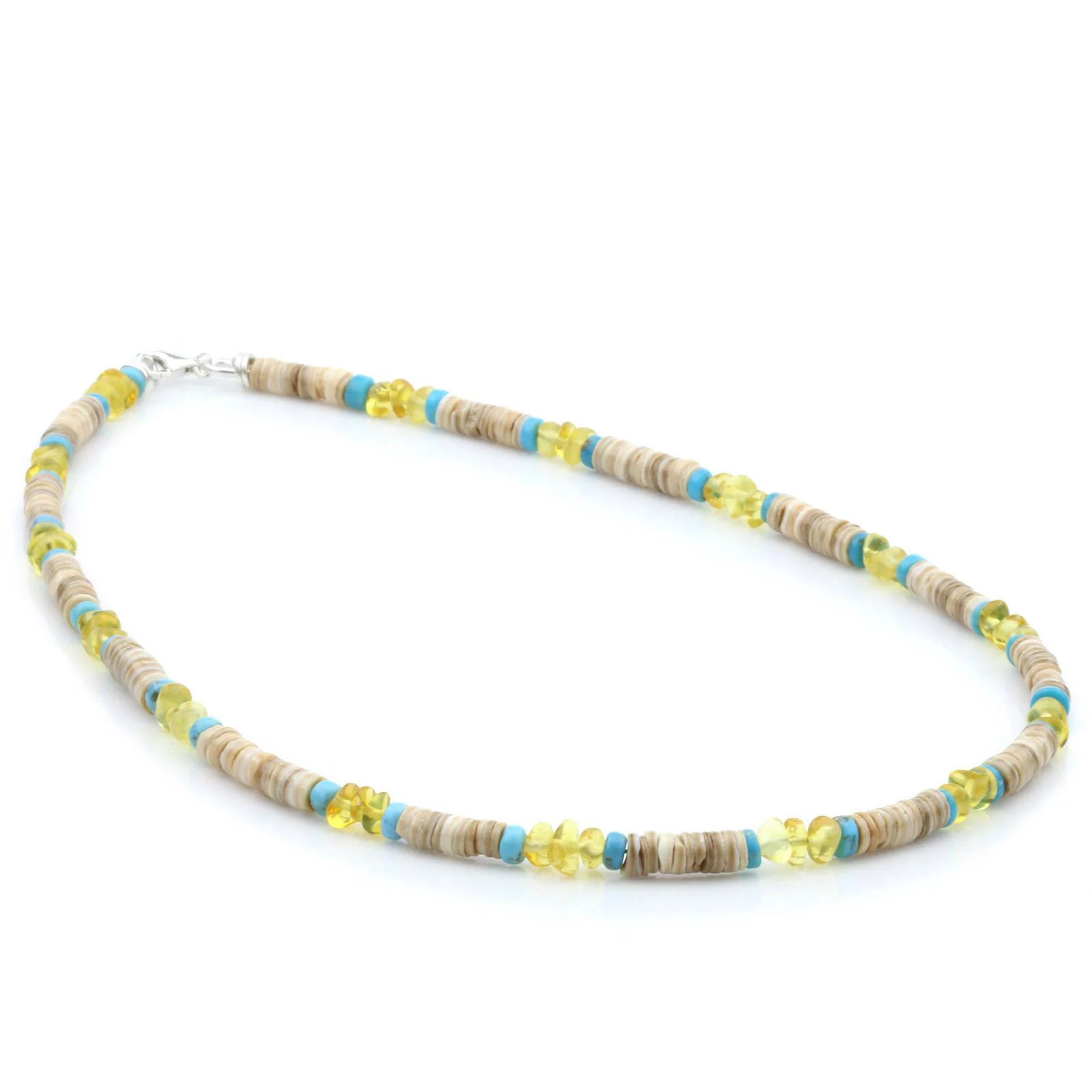 ADULT BALTIC AMBER SHELL TURQUOISE 925 STERLING SILVER NECKLACE. SPT80