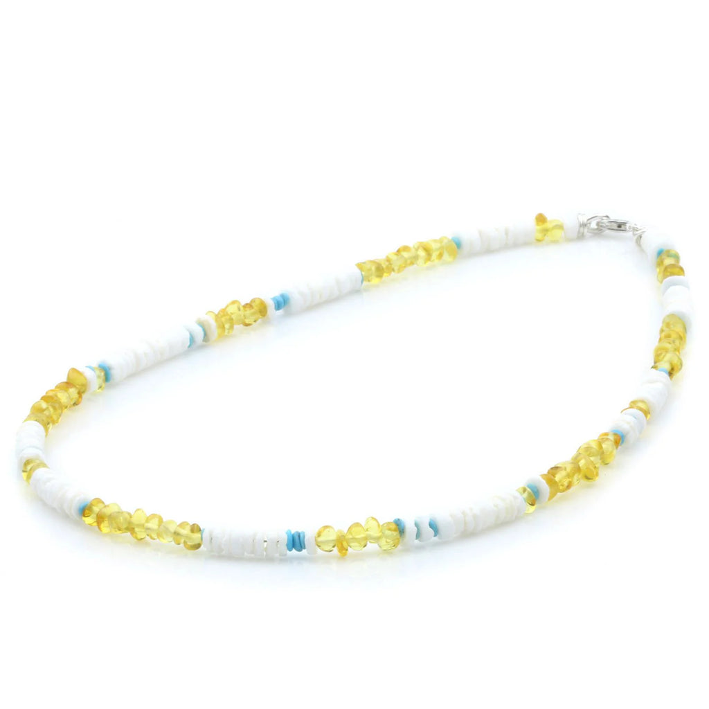 ADULT BALTIC AMBER SHELL TURQUOISE 925 STERLING SILVER NECKLACE. SPT81